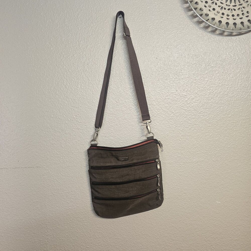 Baggallini Brown Nylon Crossbody Organizer Bag Multi Zip Travel Purse Everyday